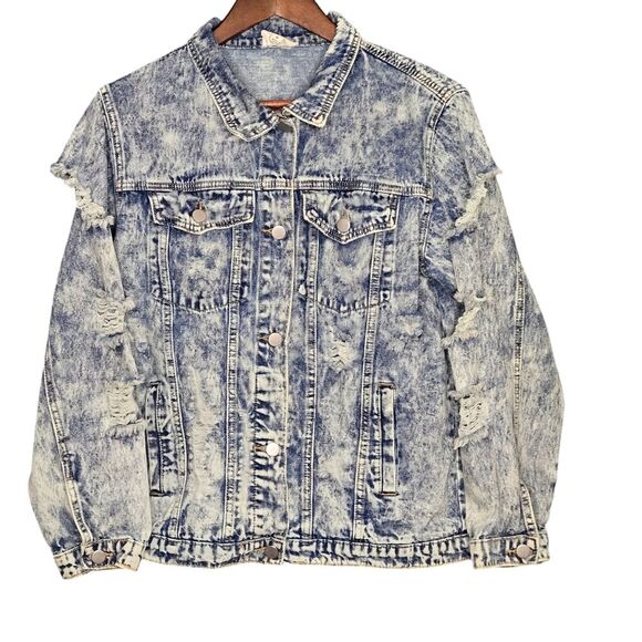 Bibi Distressed Acid Wash Denim Jacket Grunge Destroyed Ripped Jean‎ Jacket - Picture 1 of 10